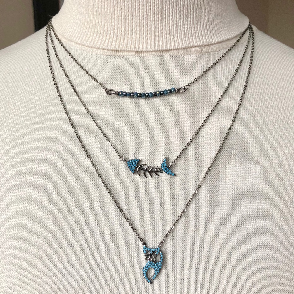 Handmade Three Layer Blue Cubic Zirconia Cat - Fishbone - Beaded Bar Necklace